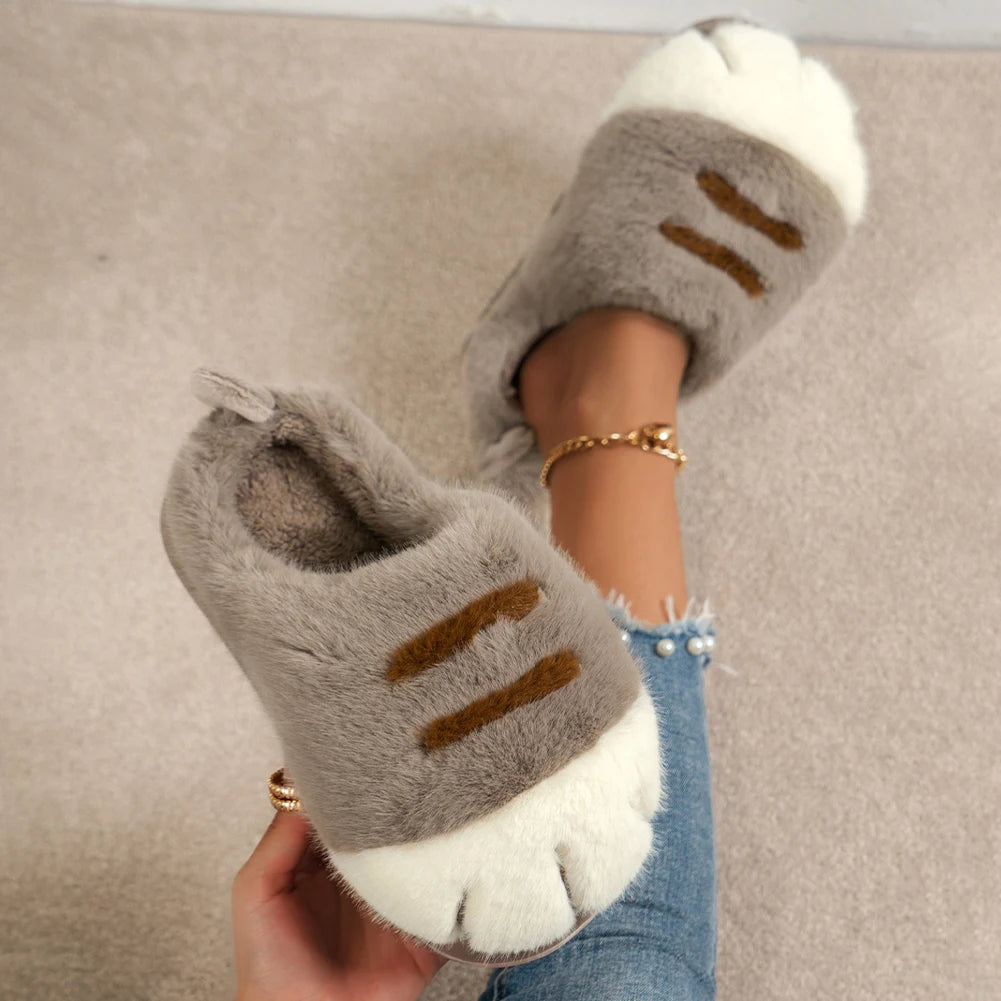 3D Cat Paw Slippers Womens Non Slip Furry Slippers