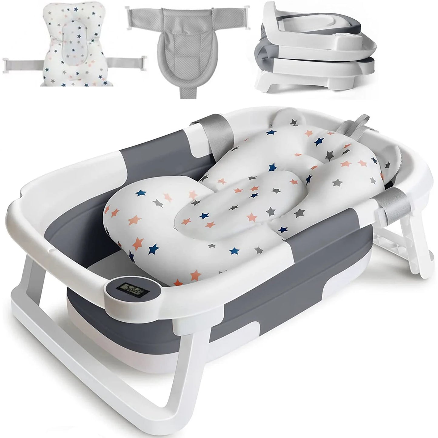 Foldable Baby Bath Tub With Cushion Thermometer And Shower Cap