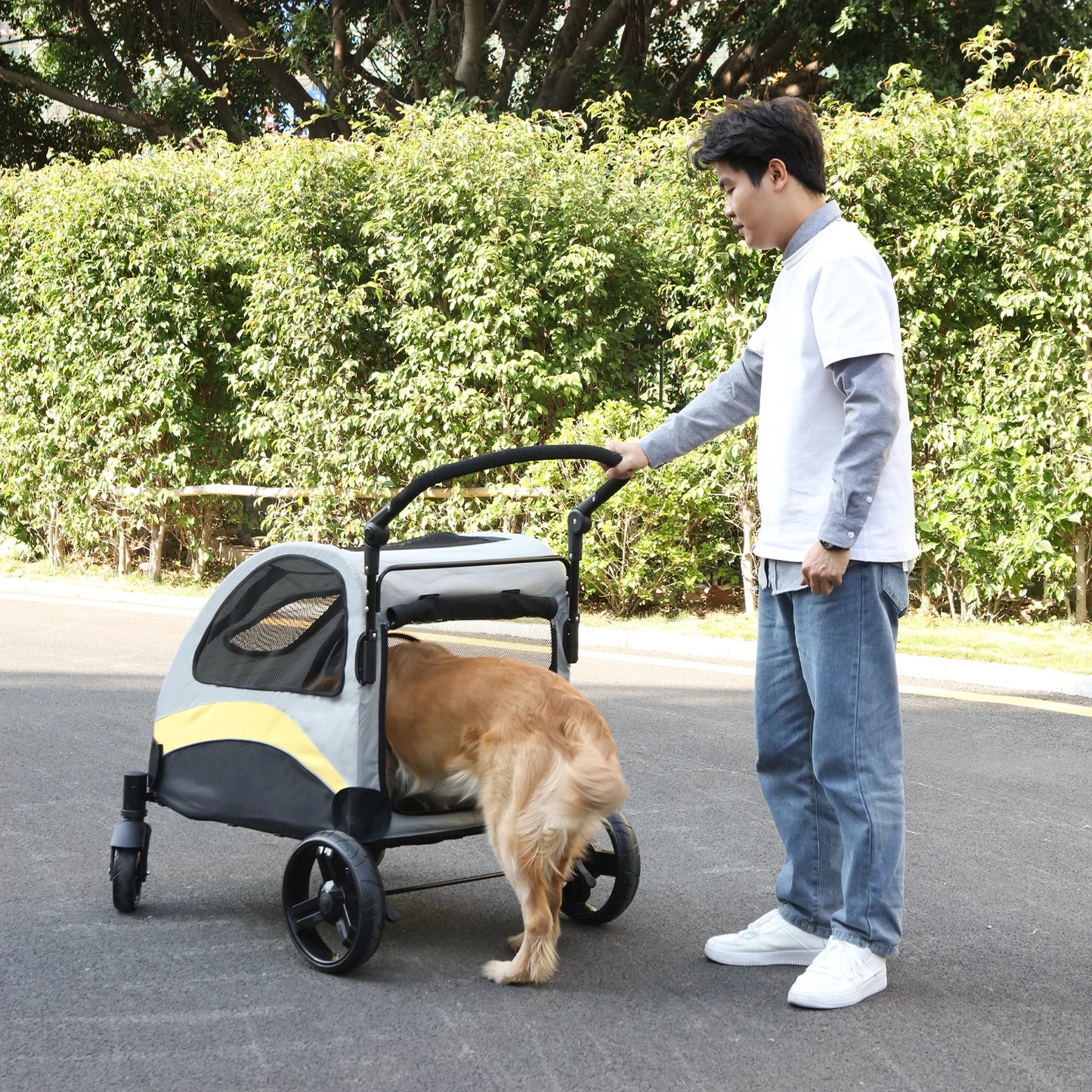 Foldable Portable Four Wheel Dog Stroller Breathable For Large Breeds
