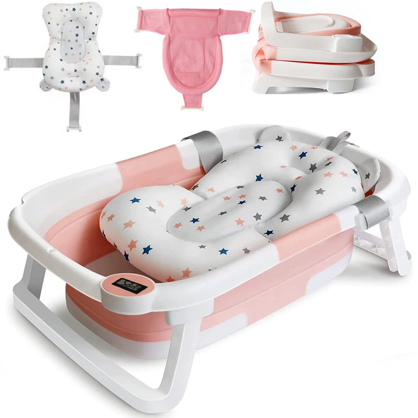 Foldable Baby Bath Tub With Cushion Thermometer And Shower Cap