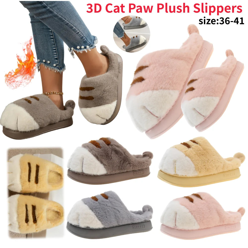 3D Cat Paw Slippers Womens Non Slip Furry Slippers