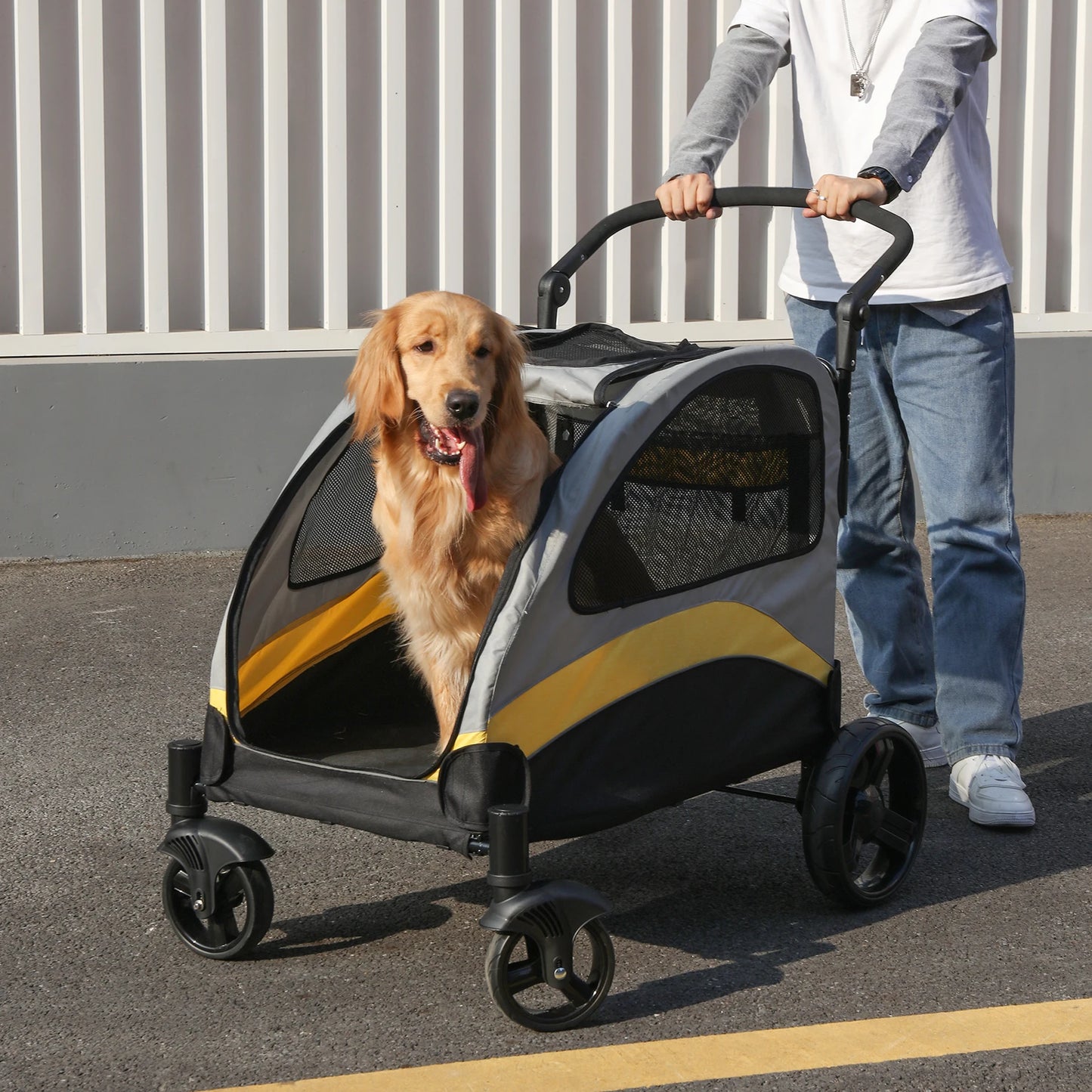 Foldable Portable Four Wheel Dog Stroller Breathable For Large Breeds