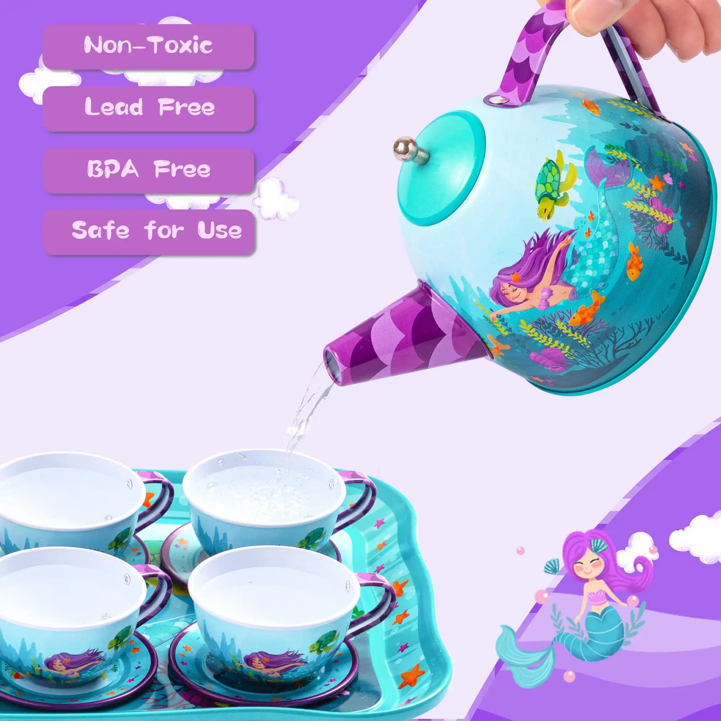 Joyfy Mermaid Tea Set For Girls Pretend Play Kitchen Toy