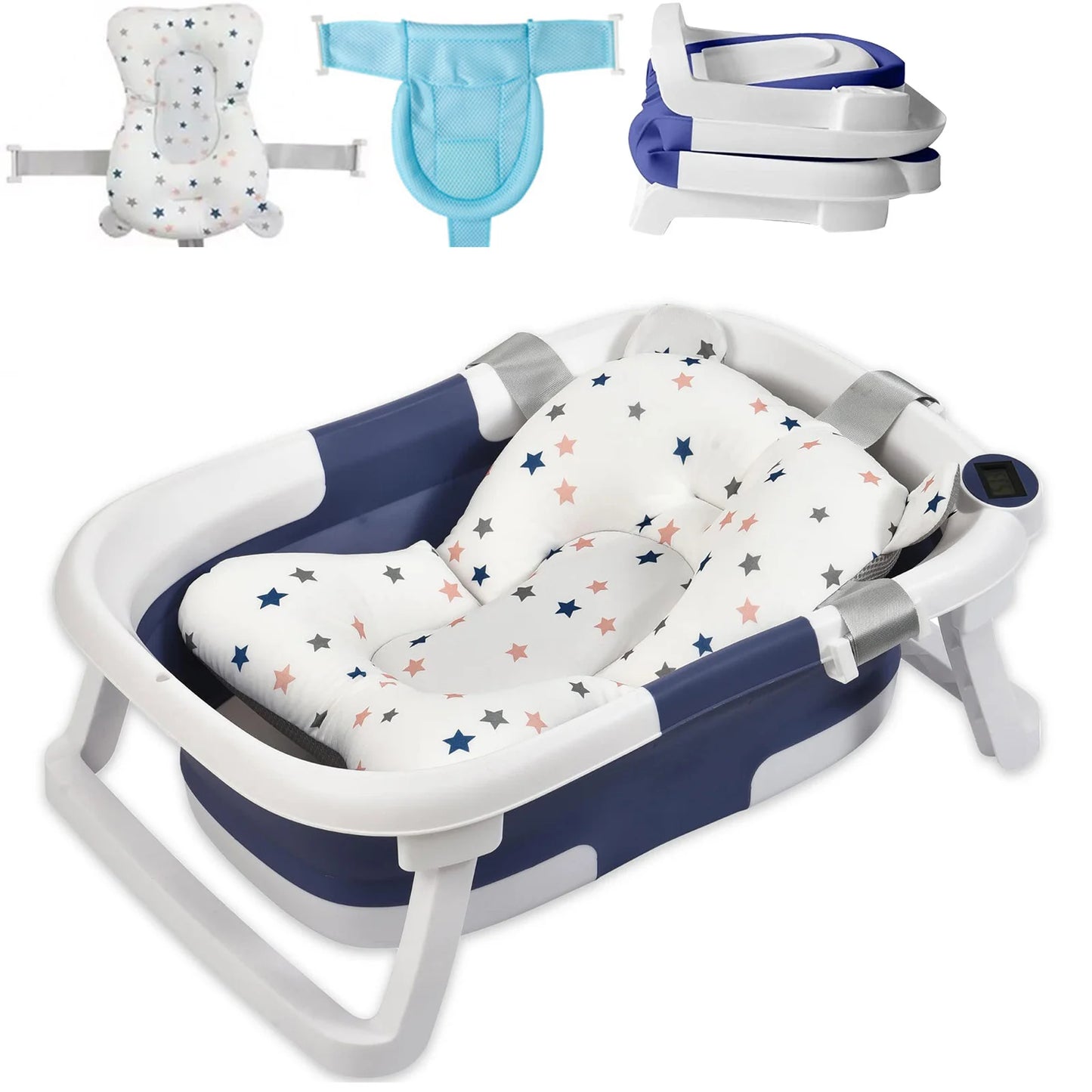 Foldable Baby Bath Tub With Cushion Thermometer And Shower Cap